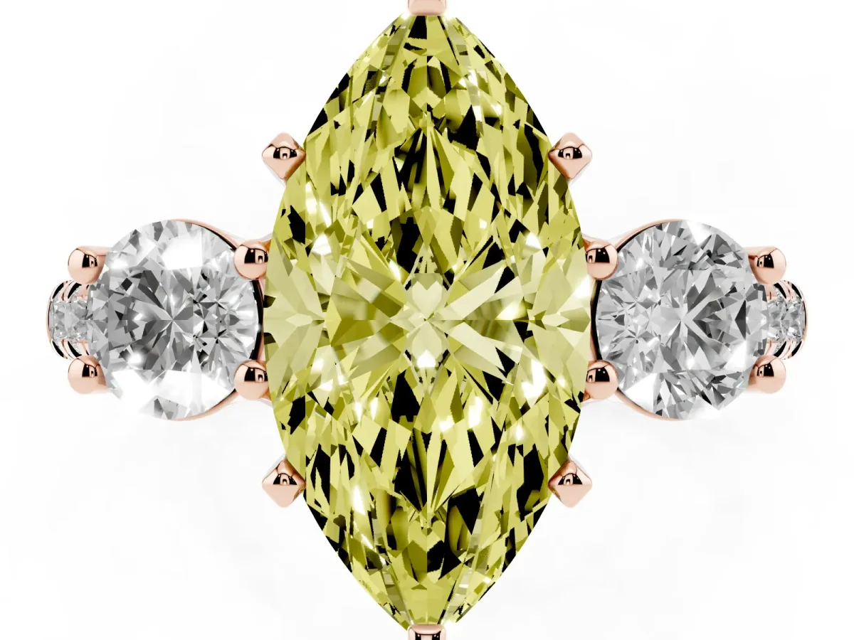 Fancy Yellow Three-Stone Marquise Cut Diamond Pavé Band with Four-Prong Setting Rose gold