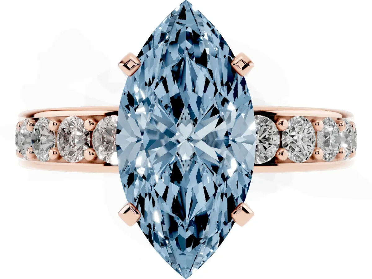 Fancy Blue Marquise Cut Diamond Engagement Ring with Channel Set Round Band and Prong Setting Rose gold