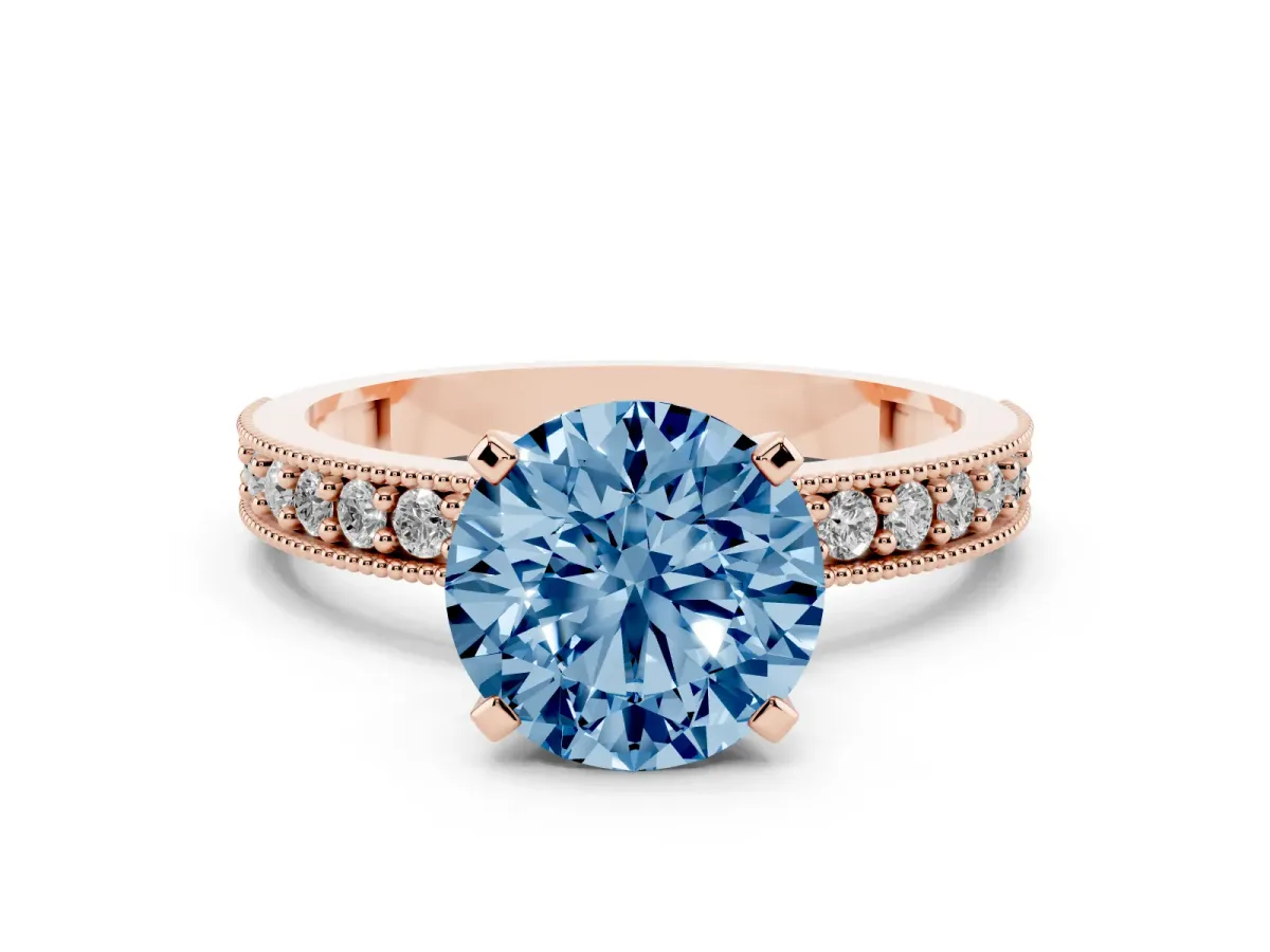 Fancy Blue Round Cut Diamond Milgrain Pavé Engagement Ring with Four-Prong Setting Rose gold