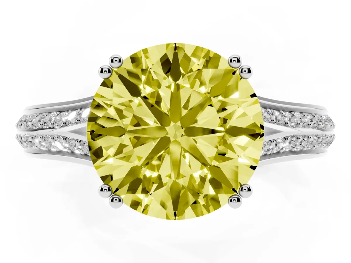 Fancy Yellow Round Cut Diamond Split Shank Engagement Ring with Pavé Band Silver