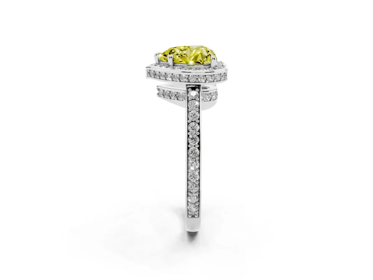 Fancy Yellow Heart Cut Halo Pave Band Solitaire Ring with Prong Setting White gold