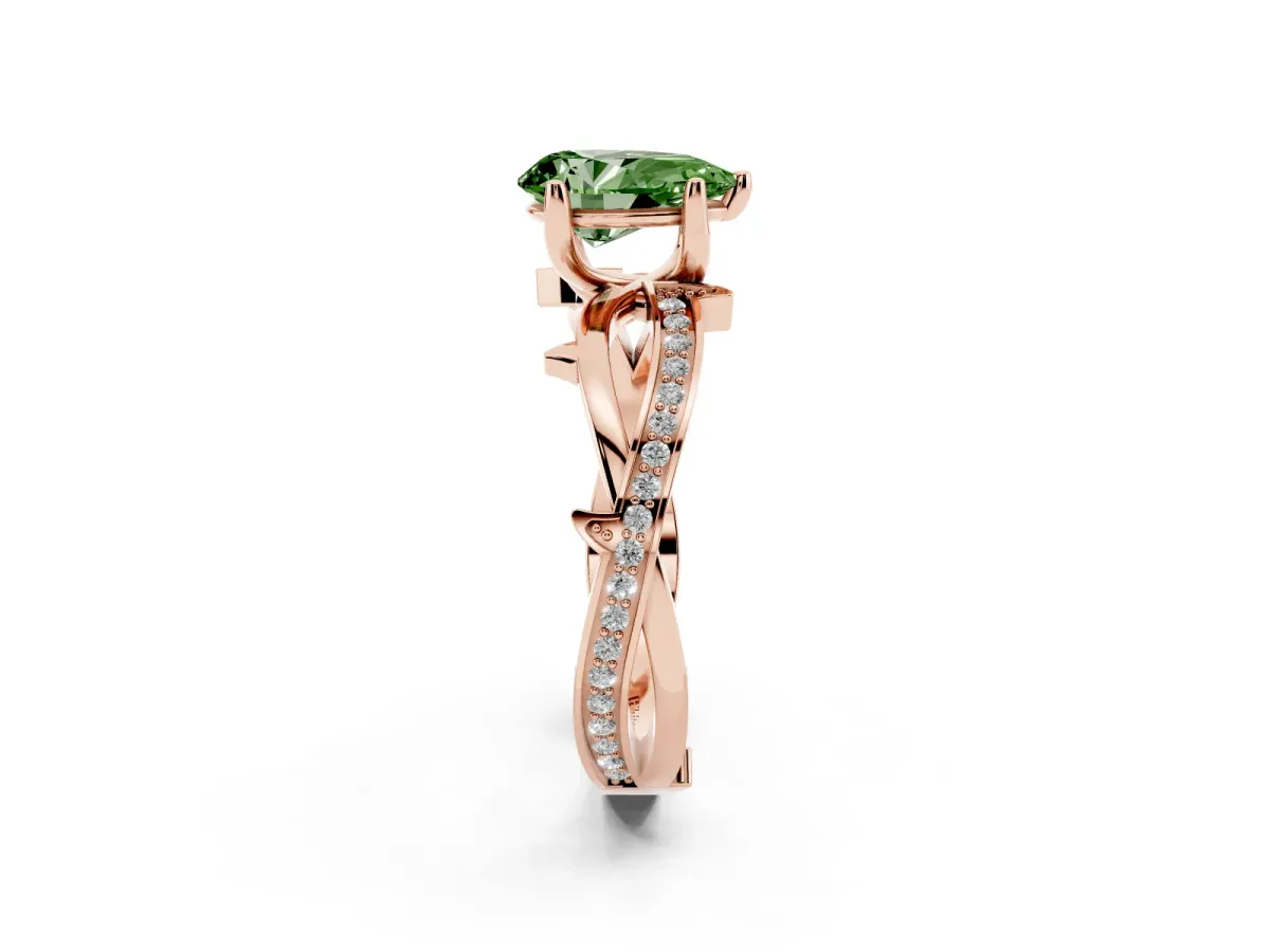Fancy Green Pear Cut Solitaire Twist Band with Pavé Accents and Four-Prong Setting Rose gold