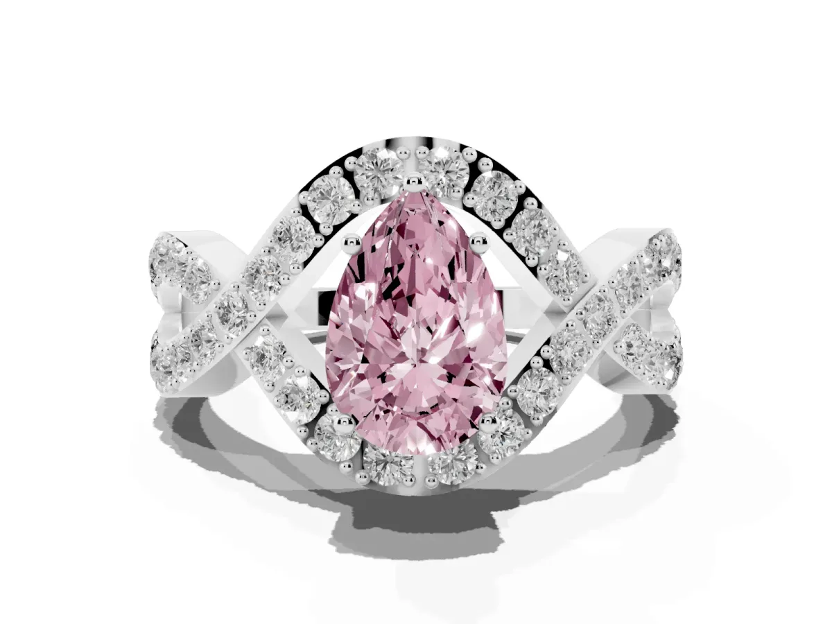 Fancy Pink Pear Cut Solitaire Twist Band Pavé Diamond Engagement Ring Platinum