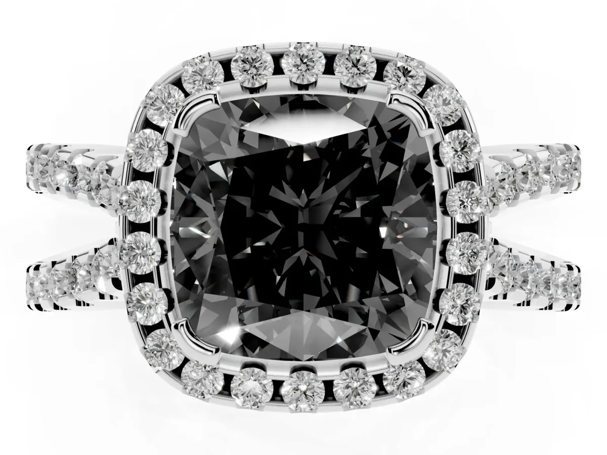 Fancy Black Cushion Cut Diamond Halo Ring with Split Shank Pavé Band and Prong Setting Silver