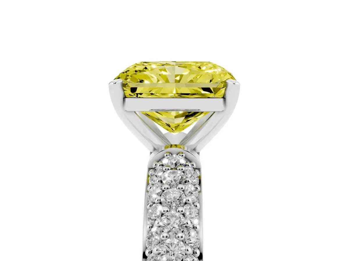 Fancy Yellow Radiant Cut Diamond Solitaire Ring with Prong Setting and Pavé Band Silver