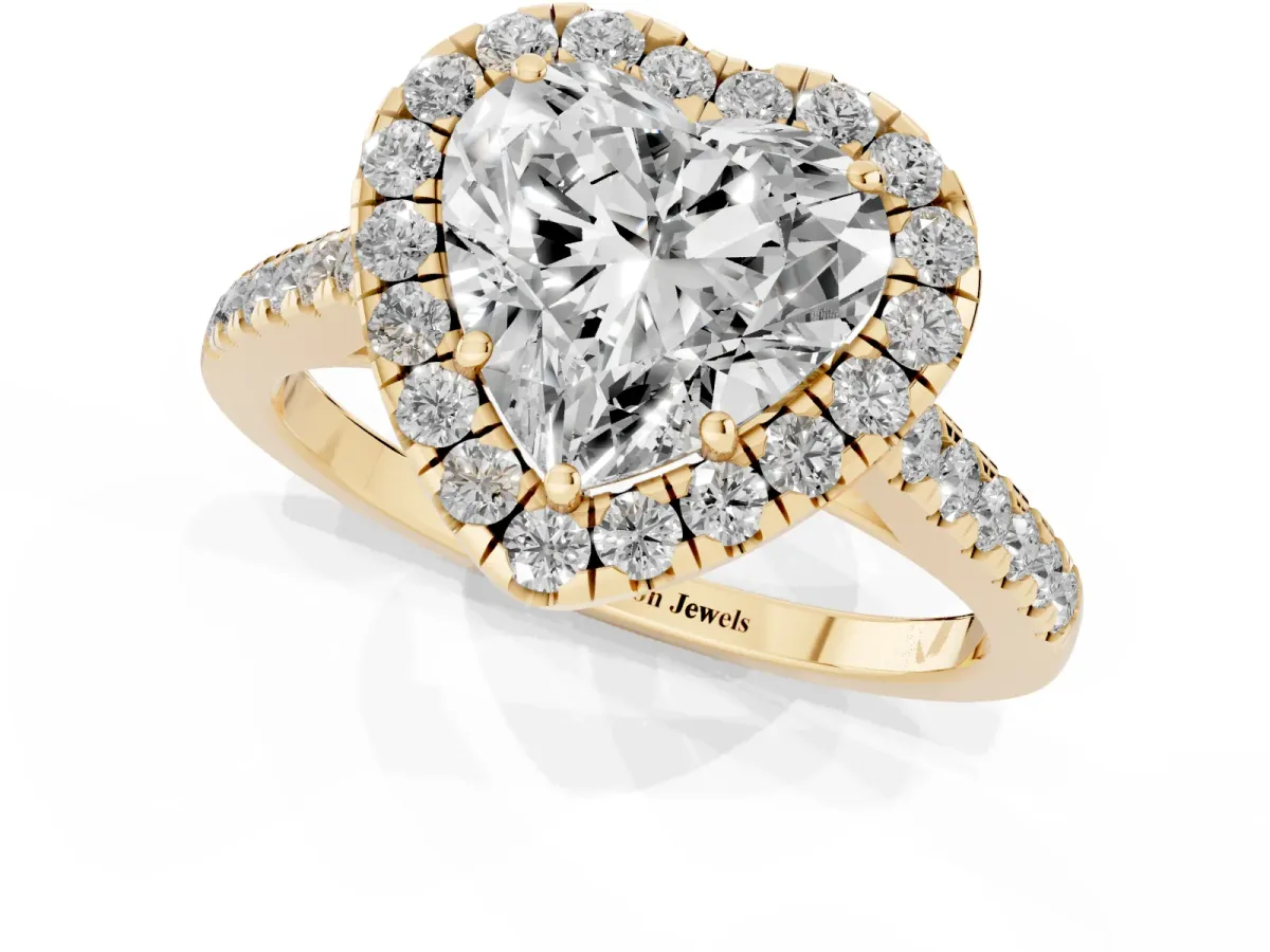Heart Cut Halo Pave Diamond Engagement Ring with Four-Prong Setting Yellow gold