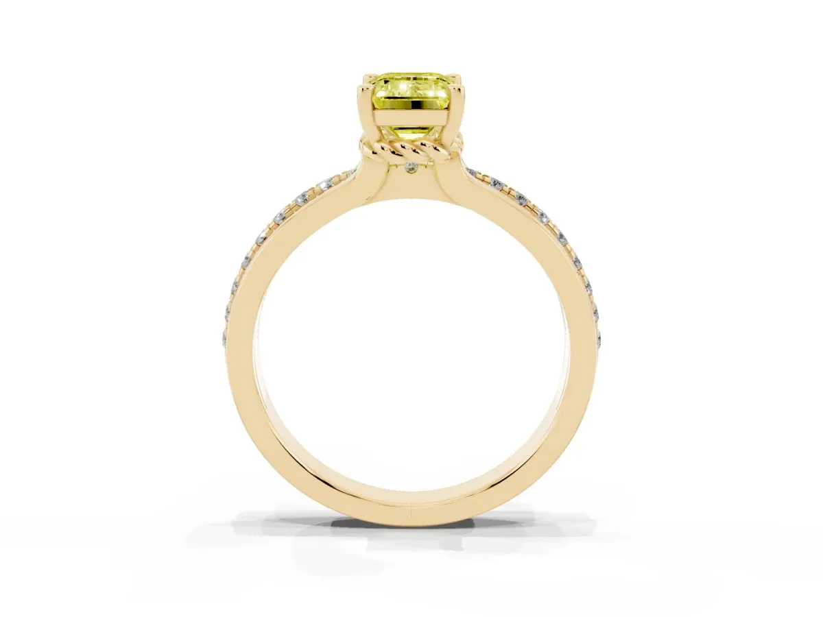 Fancy Yellow Emerald Cut Solitaire Diamond Ring with Channel Set Band and Six-Prong Setting Yellow gold