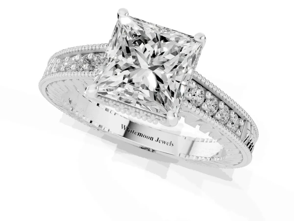 Princess Cut Solitaire Pavé Diamond Milgrain Engagement Ring with Four-Prong Setting Silver