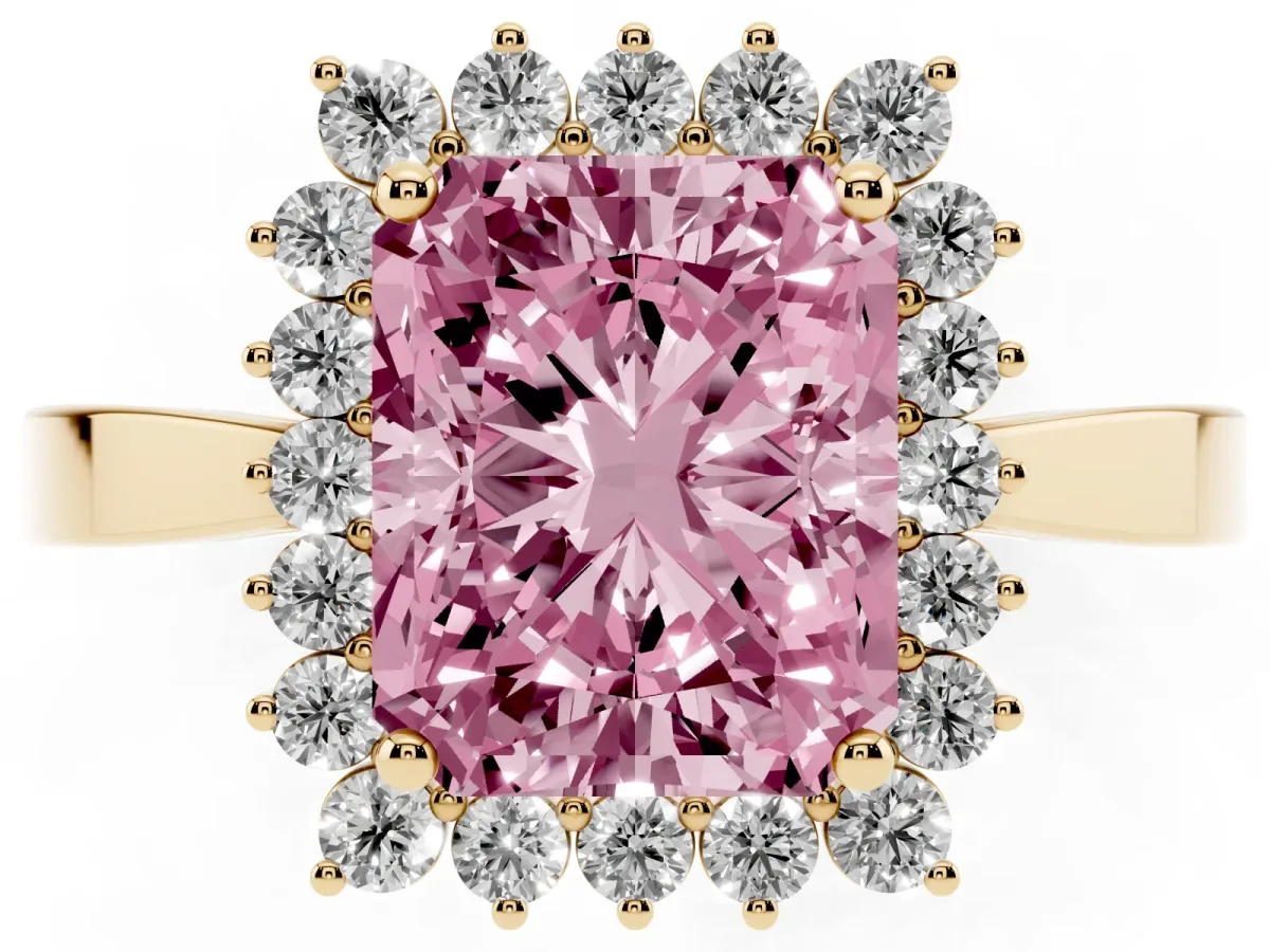 Fancy Pink Radiant Cut Cut Diamond Halo Ring with Round Brilliant Halo and Solitaire Band Yellow gold