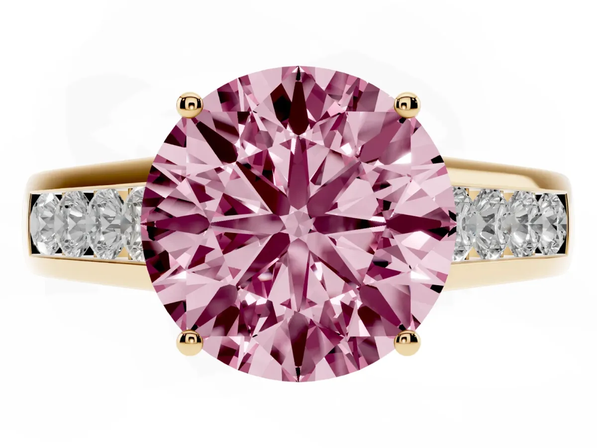 Fancy Pink Round Cut Brilliant Channel-Set Solitaire Ring with Four-Prong Setting Yellow gold