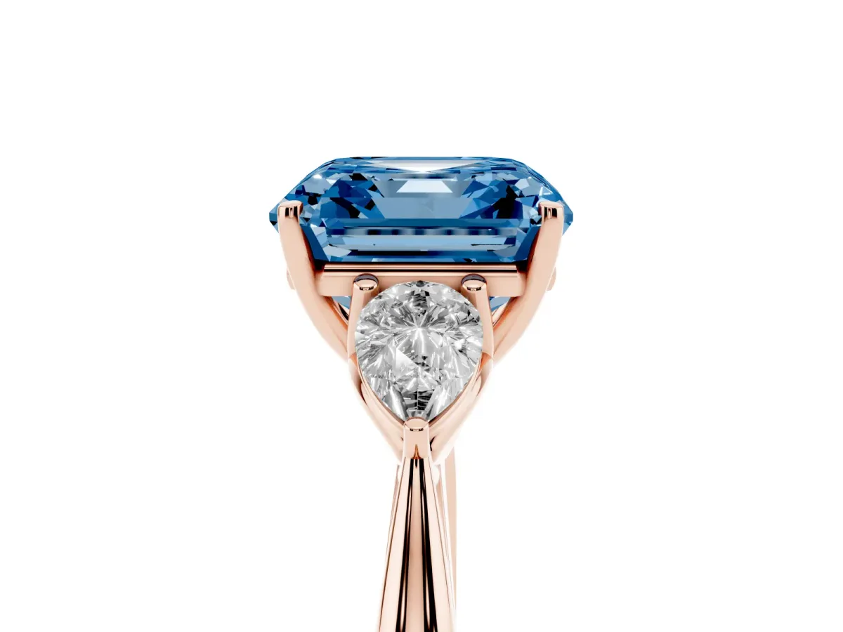 Fancy Blue Asscher Cut Diamond Three-Stone Ring with Pear Side Stones and Prong Setting Rose gold