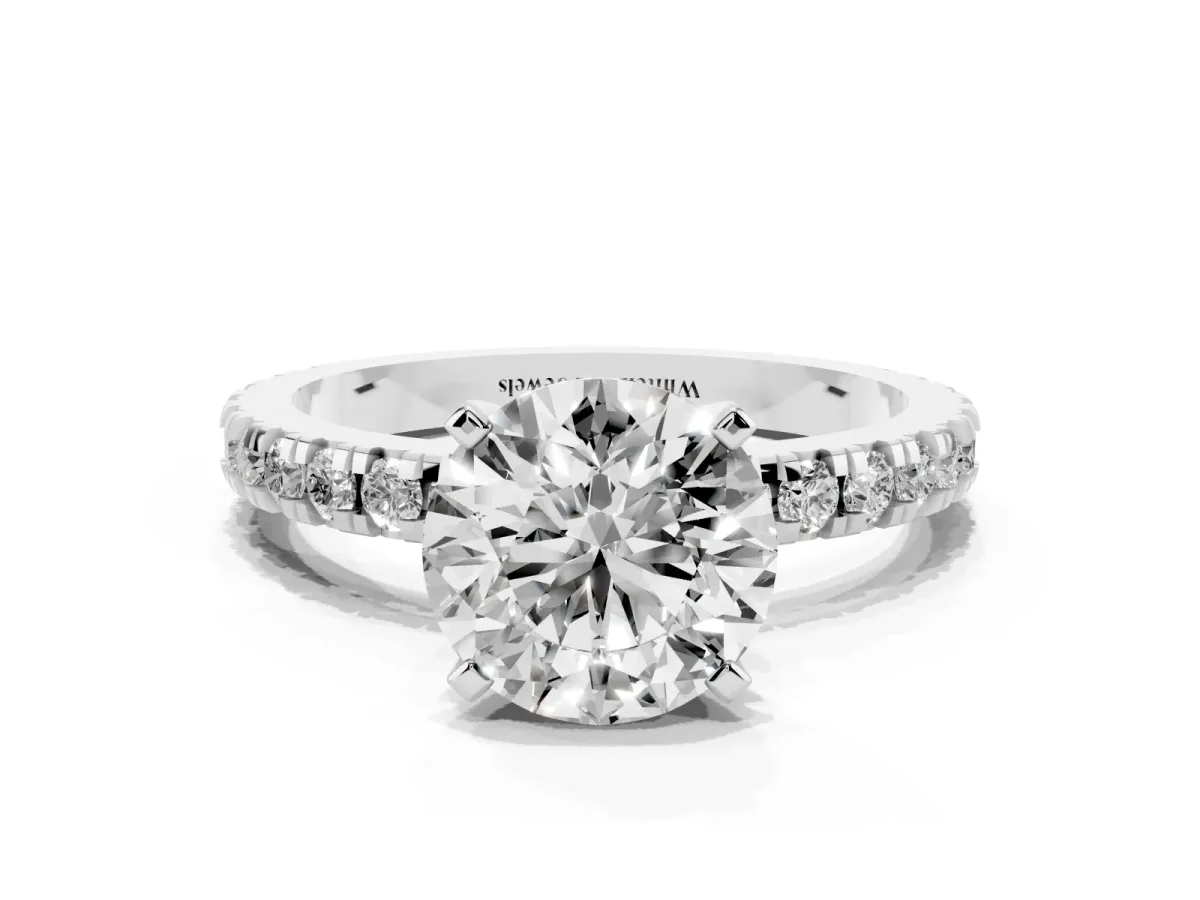 Round Cut Diamond Pavé Band Solitaire with Four-Prong Setting Silver