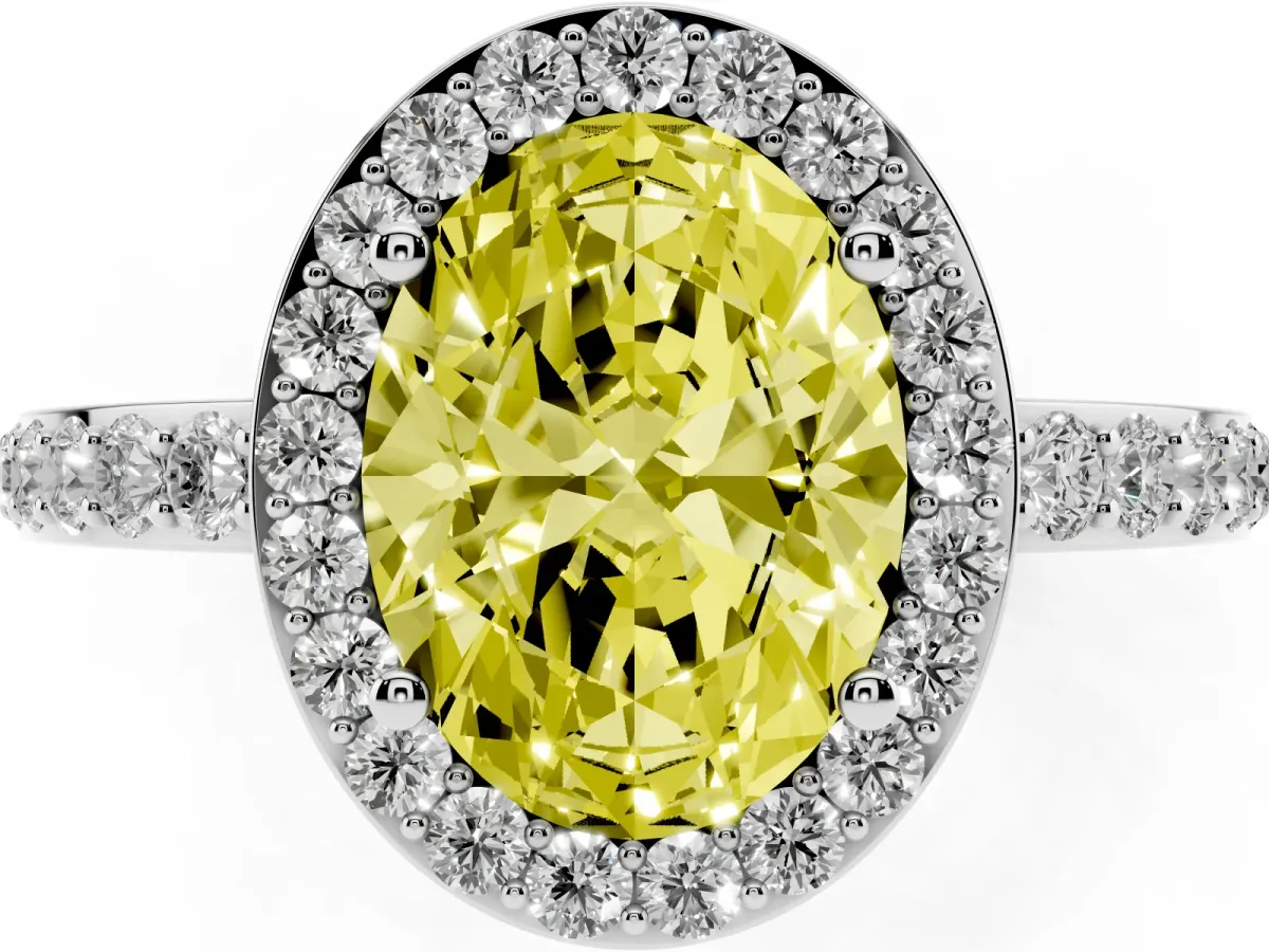 Fancy Yellow Oval Cut Halo Diamond Pavé Band Ring with Prong Setting Silver