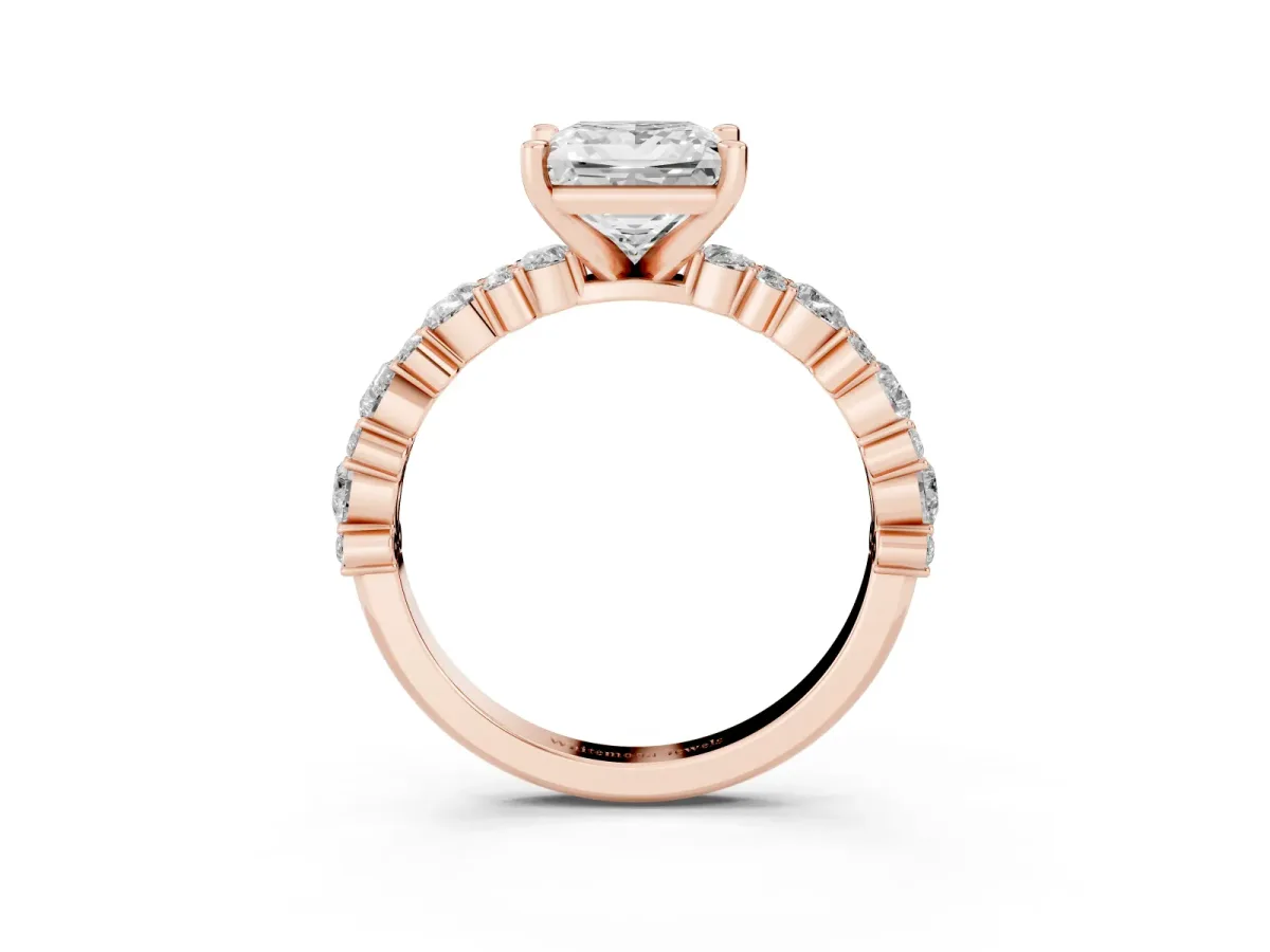 Princess Cut Diamond Side Stone Solitaire Ring with Round and Four-Prong Setting Rose gold