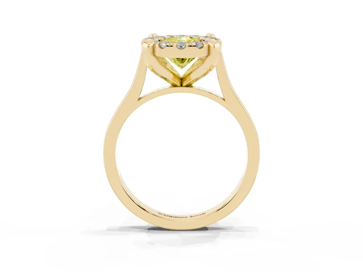 Fancy Yellow Oval Cut Diamond Cluster Halo Solitaire with Four-Prong Setting Yellow gold