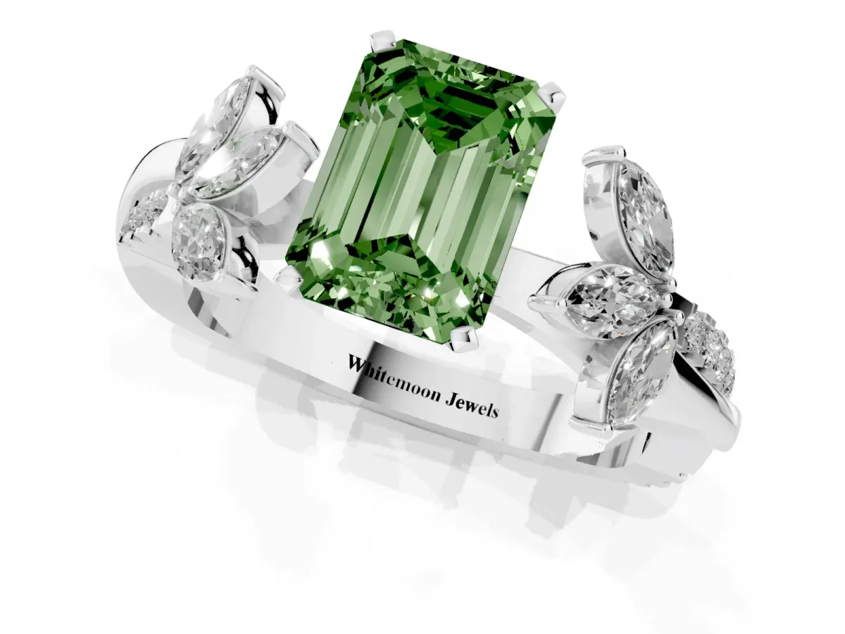 Fancy Green Emerald Cut Diamond Floral Vine Solitaire Engagement Ring Platinum