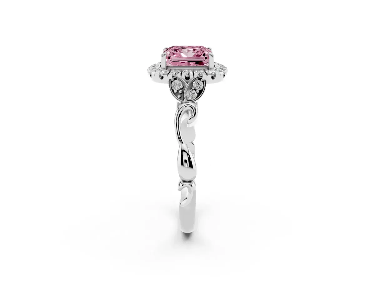 Fancy Pink Princess Cut Halo Diamond Engagement Ring with Vintage-Inspired Band and Four-Prong Setting Silver