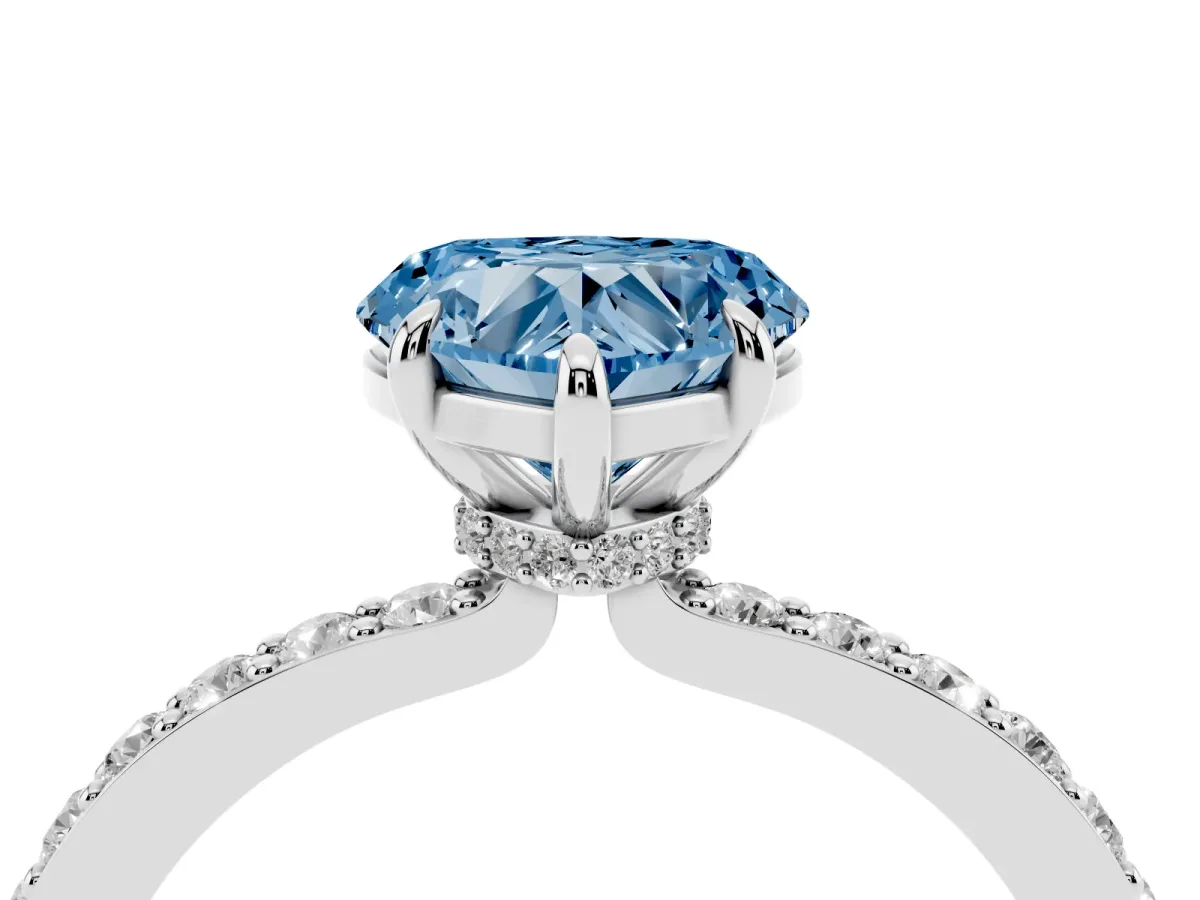 Fancy Blue Heart Cut Diamond Pavé Engagement Ring with Round Accents and Prong Setting Silver