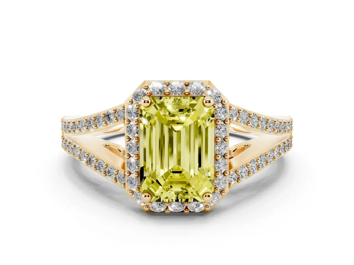 Fancy Yellow Emerald Cut Halo Split Shank Pave Diamond Ring with Four-Prong Setting Yellow gold