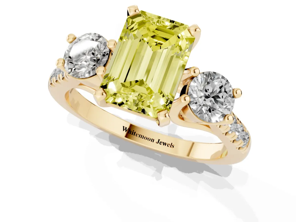 Fancy Yellow Three-Stone Emerald Cut Diamond Pavé Band with Four-Prong Setting Yellow gold