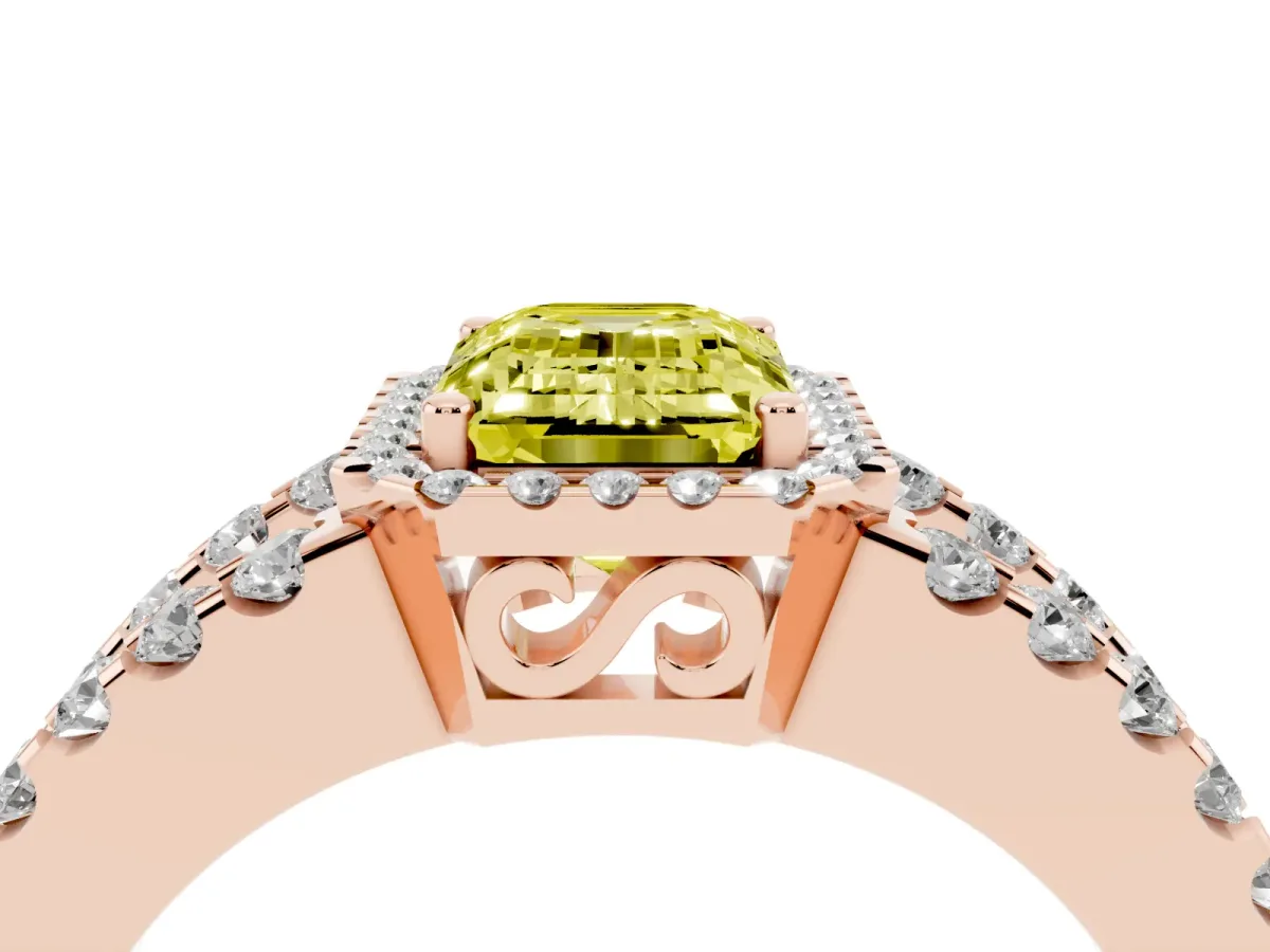 Fancy Yellow Emerald Cut Cut Halo Split Shank Diamond Ring with Four-Prong Setting Rose gold