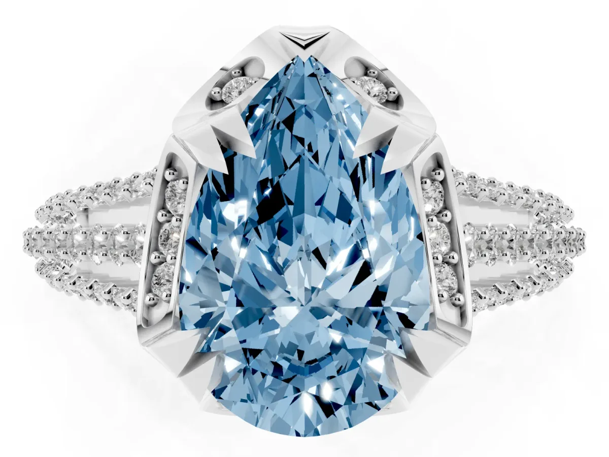 Fancy Blue Pear Cut Solitaire Pave Split Shank Ring with Four-Prong Setting White gold