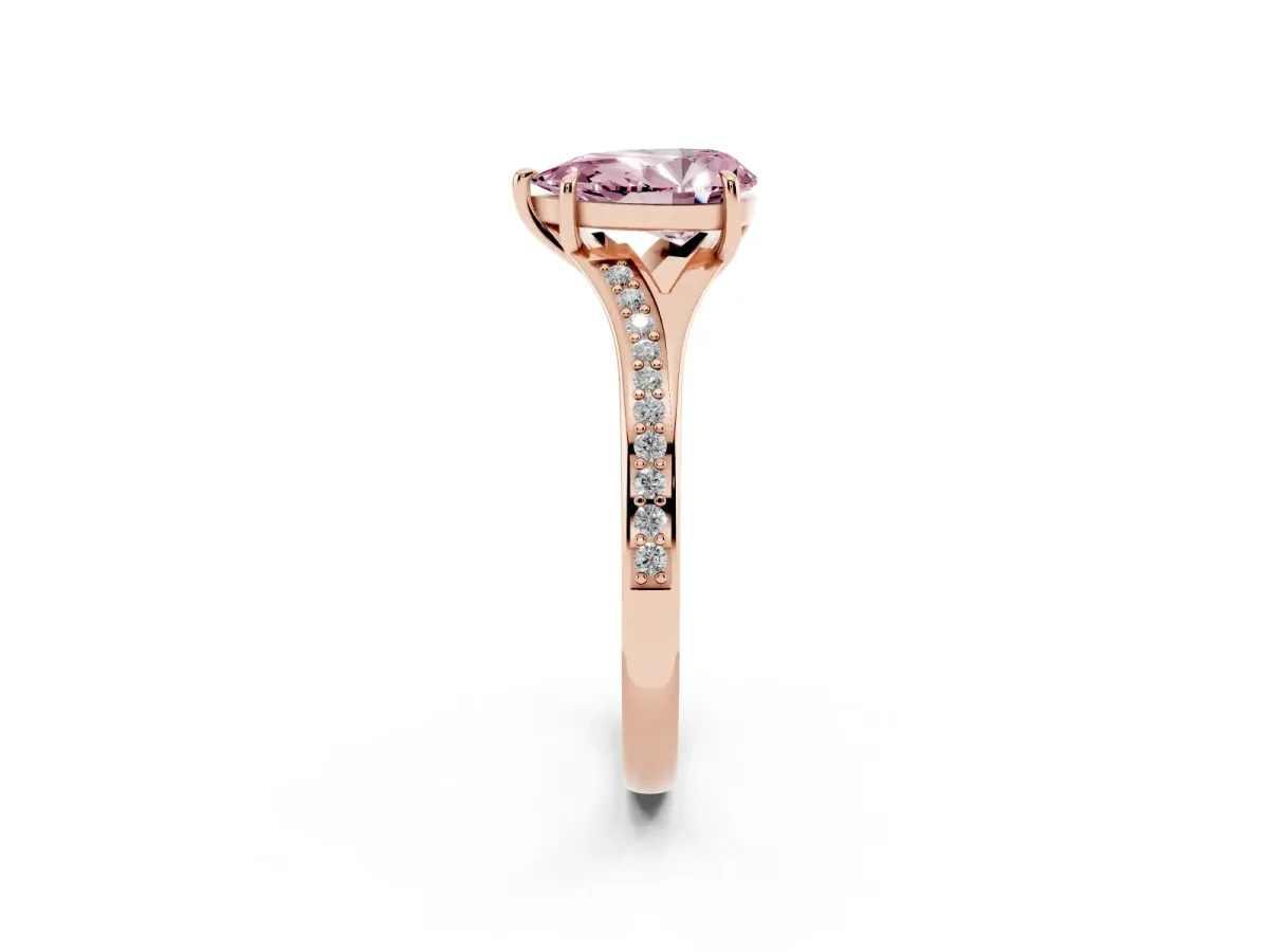 Fancy Pink Pear Cut Diamond Solitaire Ring with Pavé Band and Prong Setting Rose gold