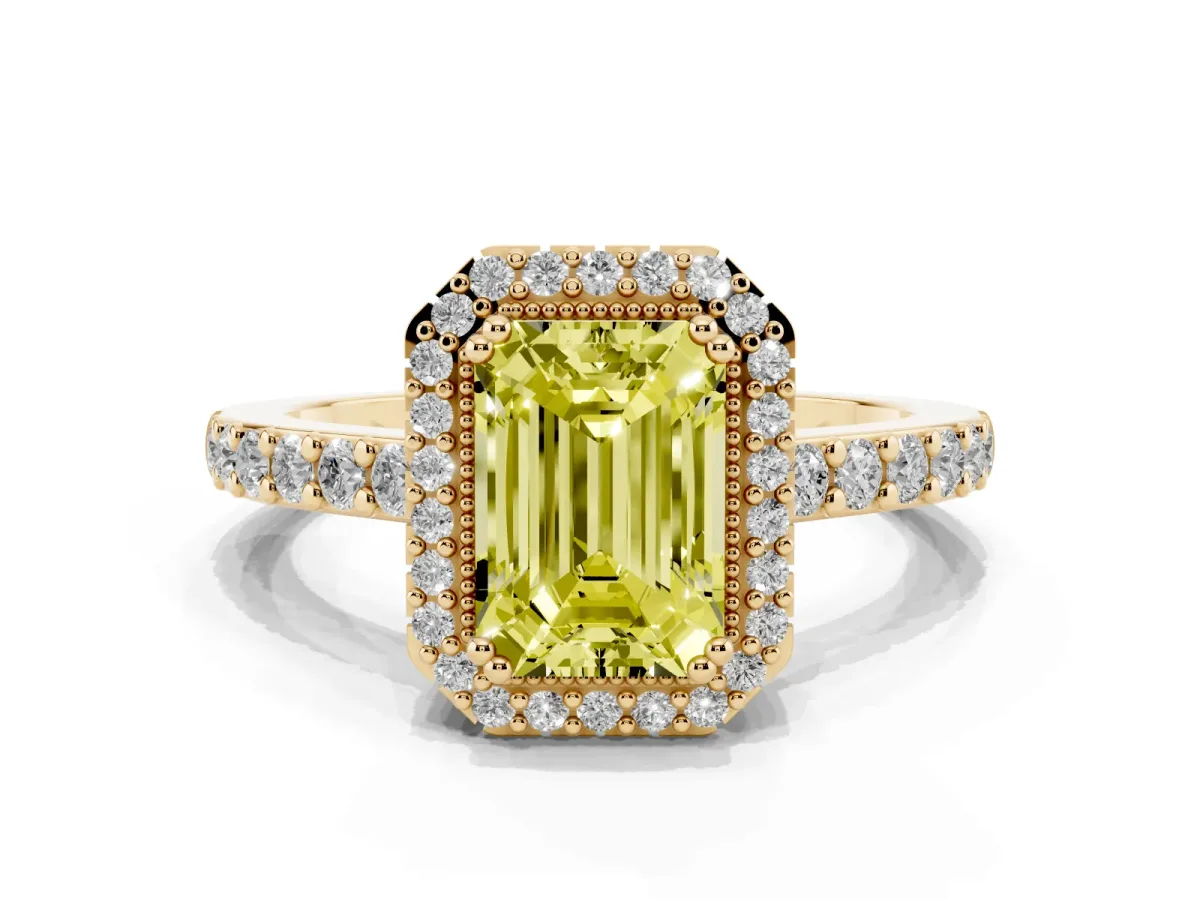 Fancy Yellow Emerald Cut Cut Diamond Halo Engagement Ring with Milgrain Detail and Pavé Band Yellow gold