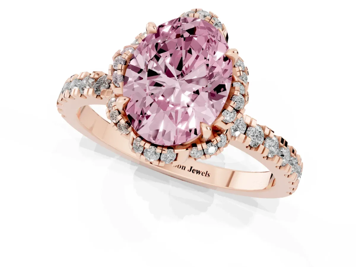 Fancy Pink Oval Cut Halo Diamond Pave Band Ring with Four-Prong Setting Rose gold