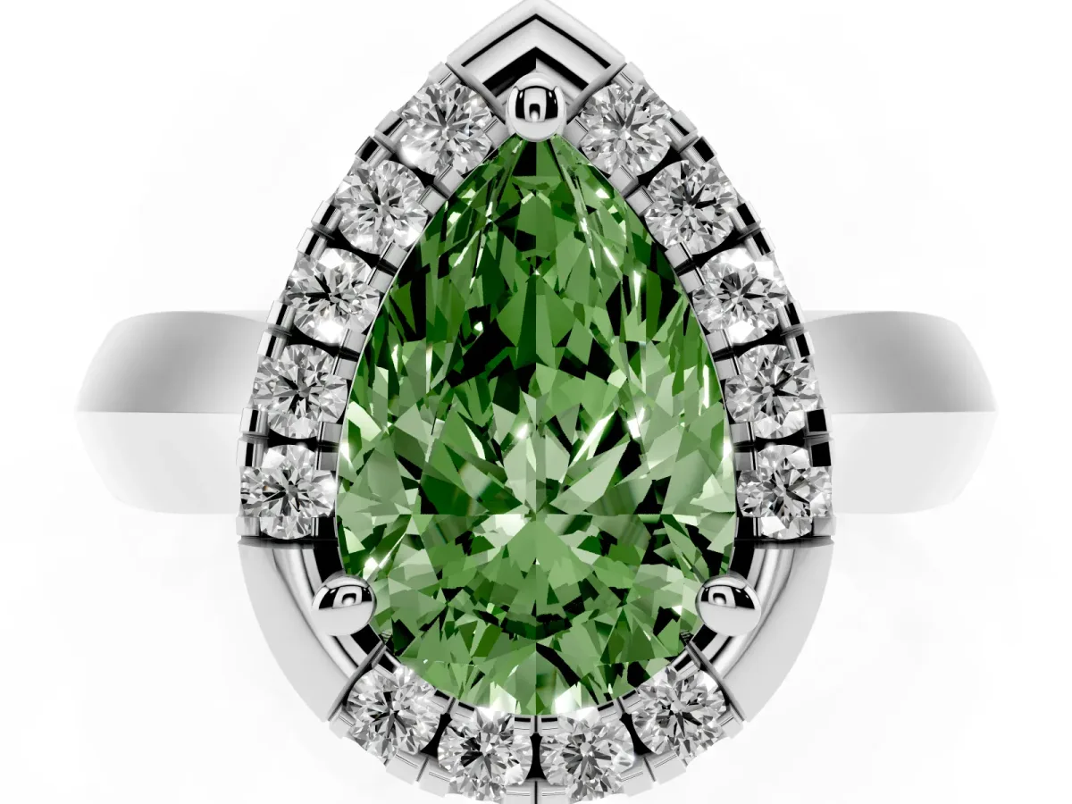 Fancy Green Pear Cut Cut Halo Solitaire Engagement Ring with Square Band and Four-Prong Setting White gold