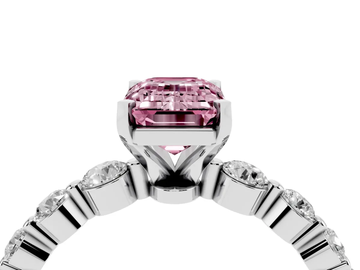 Fancy Pink Emerald Cut Solitaire Diamond Ring with Pave Band and Four-Prong Setting Platinum