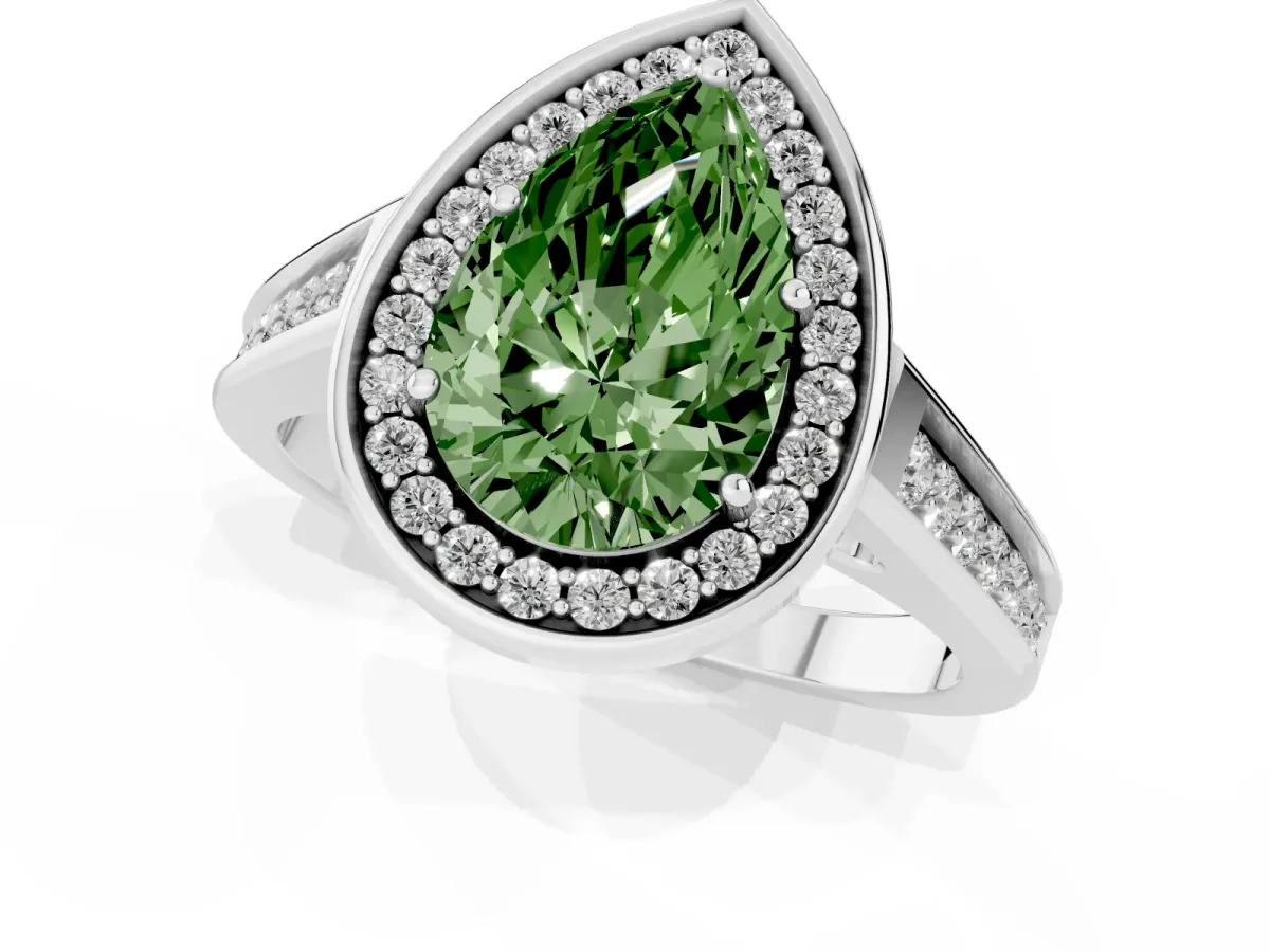 Fancy Green Pear Cut Halo Solitaire Diamond Ring with Pave Band and Bezel Setting Silver