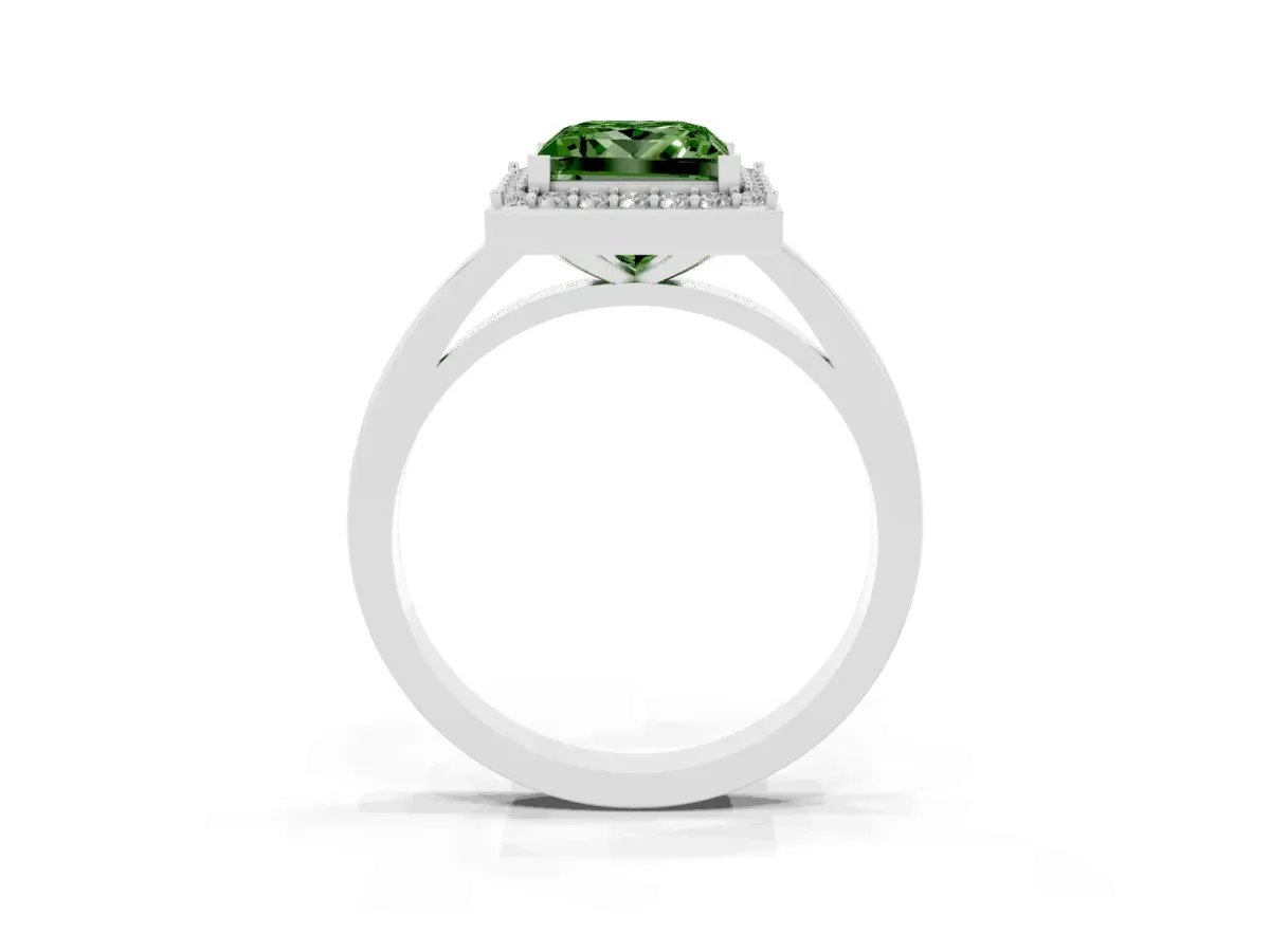 Fancy Green Princess Cut Halo Diamond Ring with Solitaire Band and Prong Setting Silver