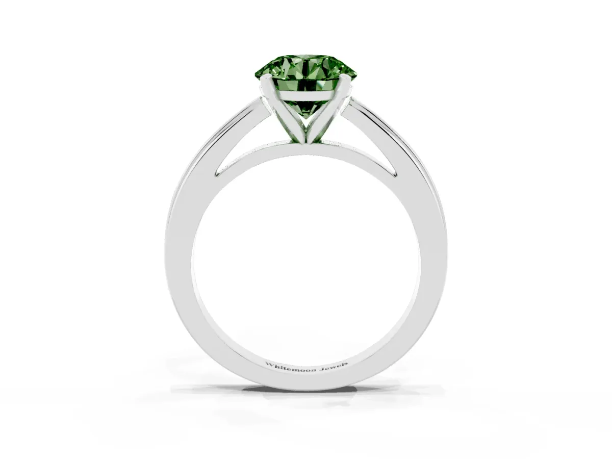Fancy Green Round Cut Solitaire Diamond Ring with Four-Prong Setting and Classic Band Silver