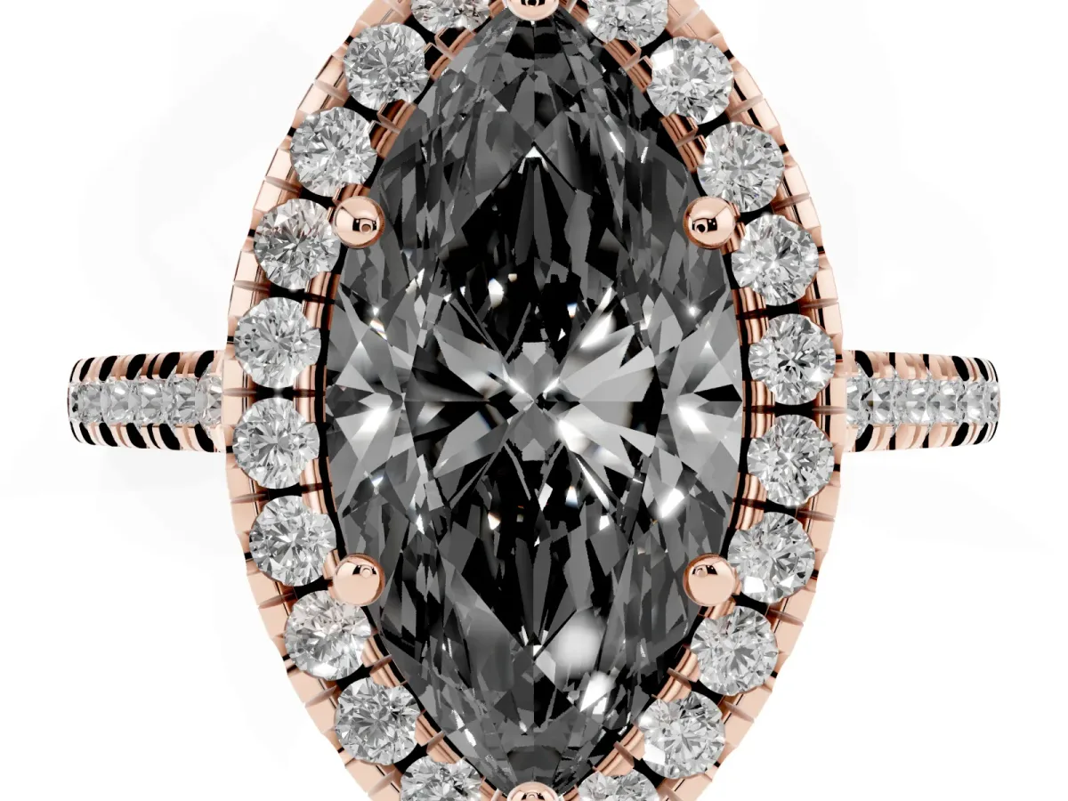 Fancy Black Marquise Cut Diamond Cushion Halo Ring with Pavé Band Rose gold