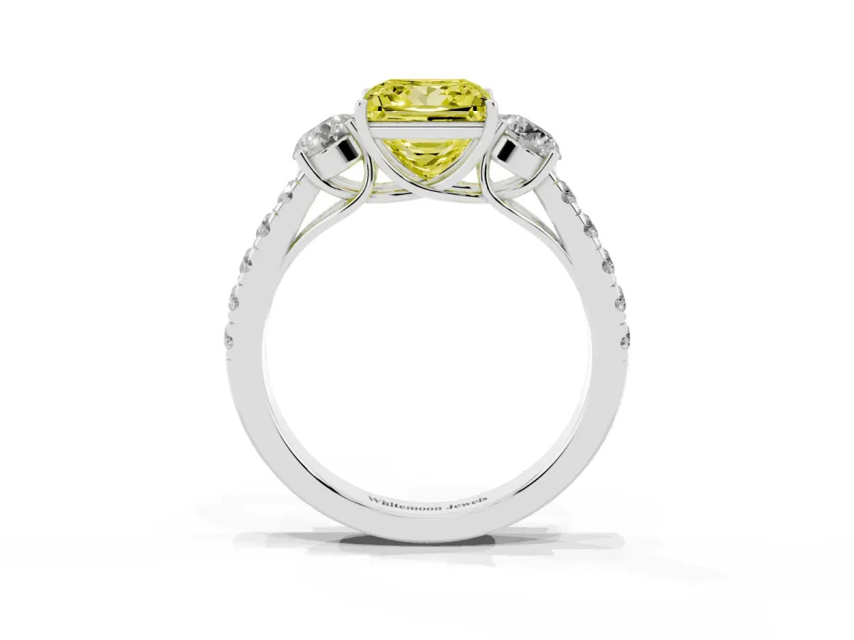 Fancy Yellow Princess Cut Cut Diamond Three-Stone Ring with Round Side Stones and Pavé Band Silver