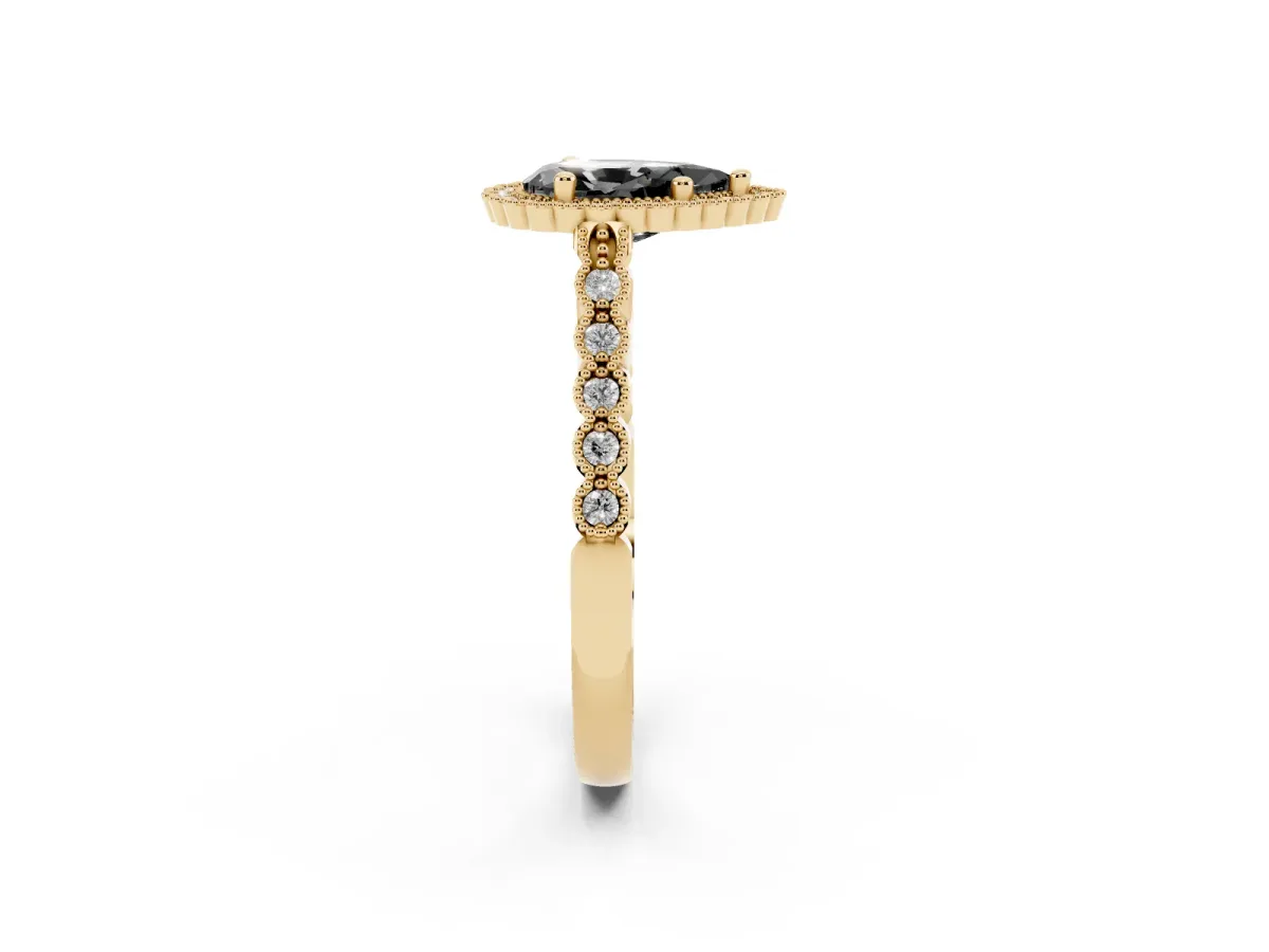 Fancy Black Pear Cut Cut Halo Pavé Solitaire Ring with Milgrain Band Yellow gold