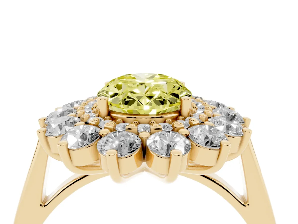 Fancy Yellow Oval Cut Diamond Floral Double Halo Engagement Ring with Prong Setting Yellow gold