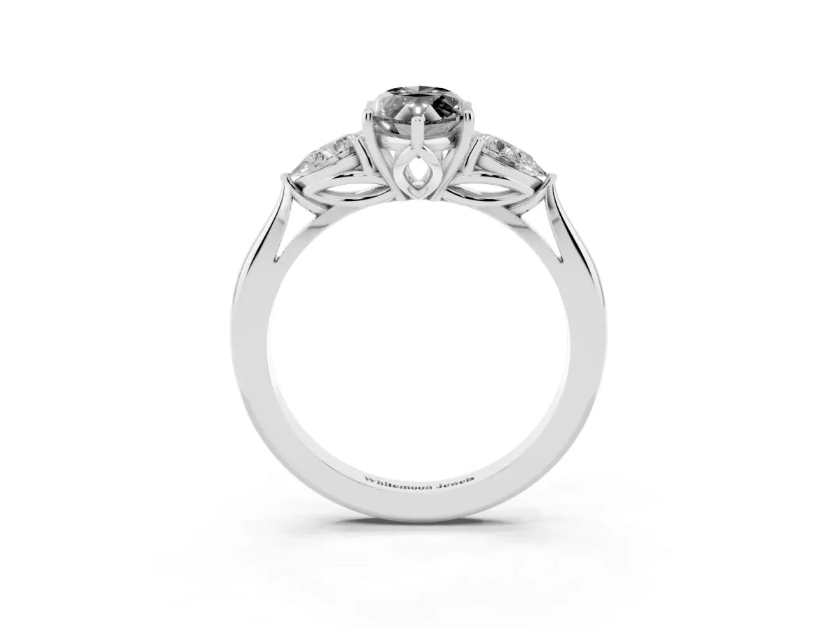 Fancy Black Three-Stone Marquise Cut Brilliant Diamond Solitaire Ring with Tapered Band and Four-Prong Setting Silver