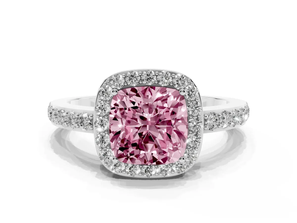 Fancy Pink Cushion Cut Halo Diamond Pavé Band Ring with Prong Setting Silver