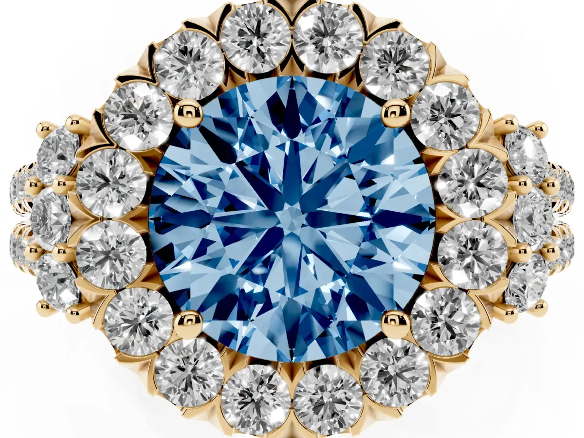 Fancy Blue Round Cut Cut Double Halo Diamond Engagement Ring with Pave Band and Four-Prong Setting Yellow gold