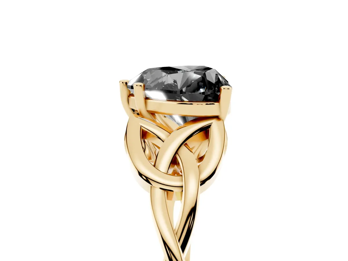Fancy Black Heart Cut Diamond Solitaire Engagement Ring with Celtic Knot Band and Four-Prong Setting Yellow gold