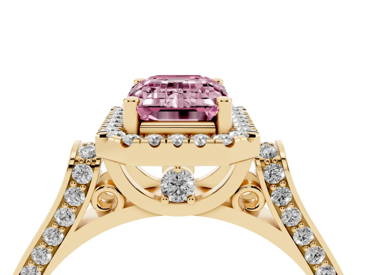 Fancy Pink Emerald Cut Halo Round Diamond Twist Band with Four-Prong Setting Yellow gold