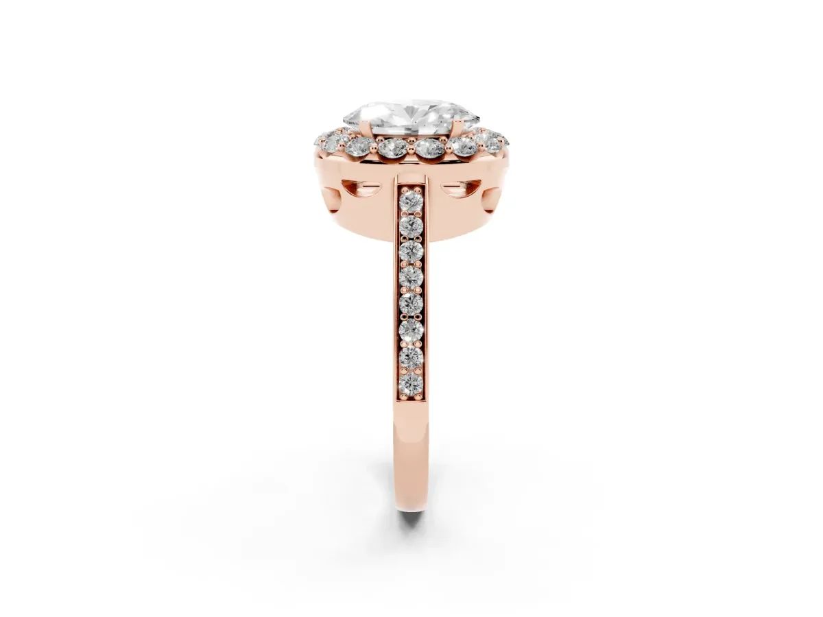 Oval Cut Diamond Floral Halo Ring with Pavé Band and Prong Setting Rose gold
