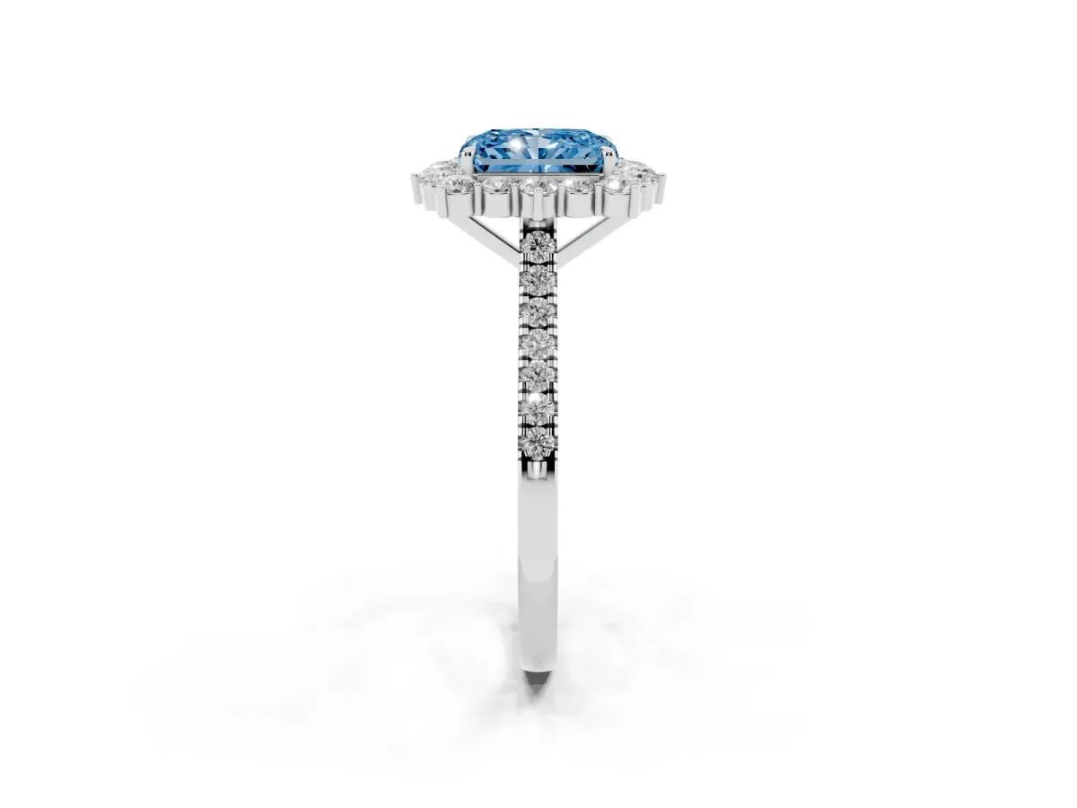 Fancy Blue Radiant Cut Halo Diamond Ring with Pavé Band and Prong Setting Silver