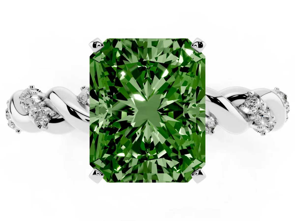 Fancy Green Radiant Cut Diamond Solitaire Ring with Twisted Band and Pavé Accents Silver