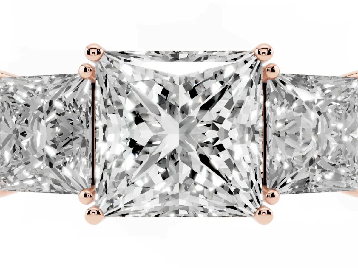 Three-Stone Princess Cut Cut Diamond Engagement Ring with Flat Band and Four-Prong Setting Rose gold