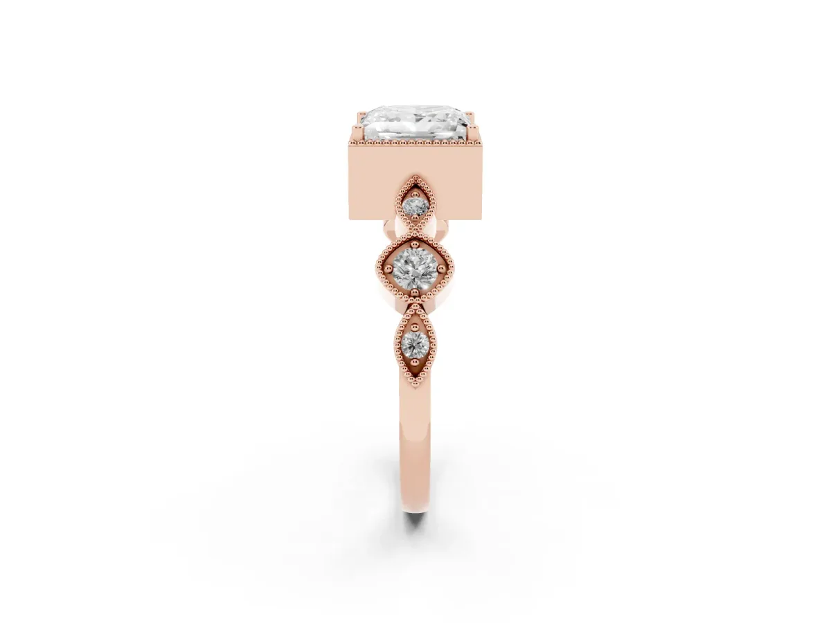 Princess Cut Diamond Vintage Milgrain Ring with Round Stations Rose gold