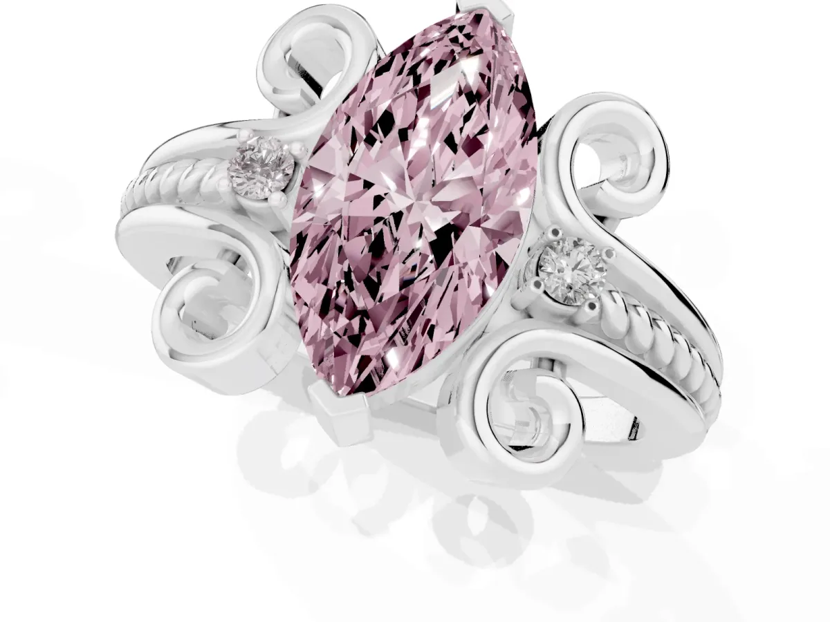 Fancy Pink Marquise Cut Solitaire Twisted Band Scroll Prong Ring Silver