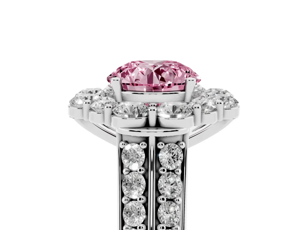 Fancy Pink Round Cut Halo Diamond Engagement Ring with Split Shank and Prong Setting Silver